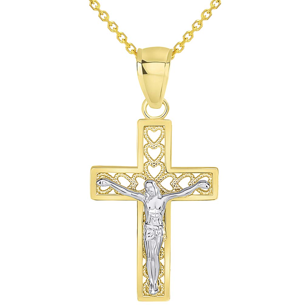 14k Yellow Gold Open Heart Christian Cross Two Tone Crucifix Pendant Necklace