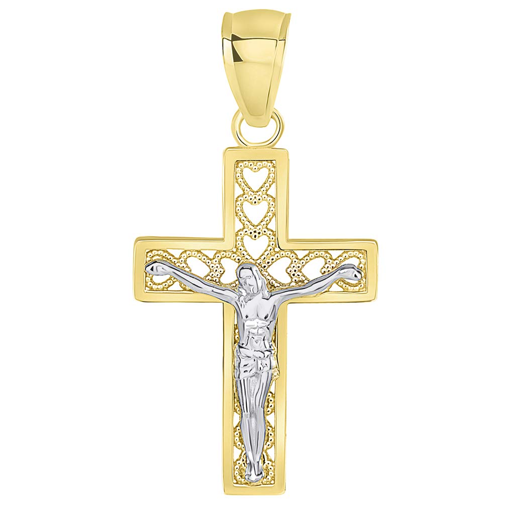 14k Yellow Gold Open Heart Christian Cross Two Tone Crucifix Pendant