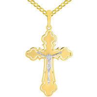 Load image into Gallery viewer, 14k Two Tone Gold Open Outline Cross Eastern Orthodox Crucifix Pendant Cuban Concave Necklace
