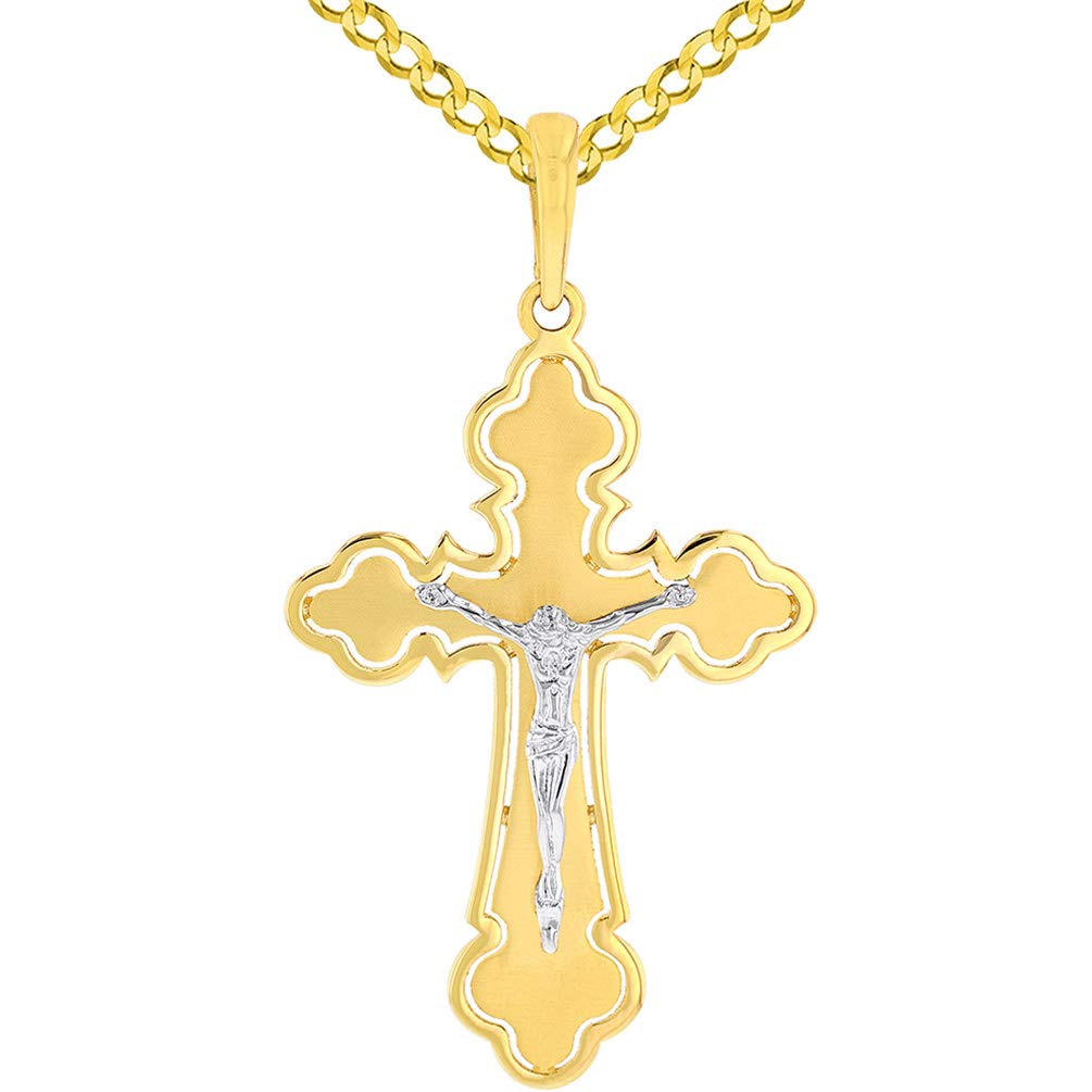 14k Two Tone Gold Open Outline Cross Eastern Orthodox Crucifix Pendant Cuban Concave Necklace