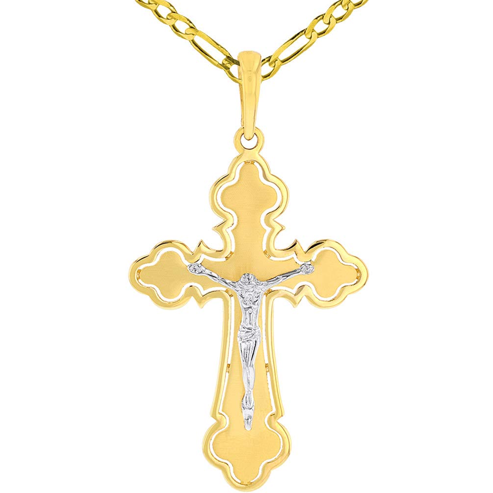 14k Two Tone Gold Open Outline Cross Eastern Orthodox Crucifix Pendant Figaro Link Necklace