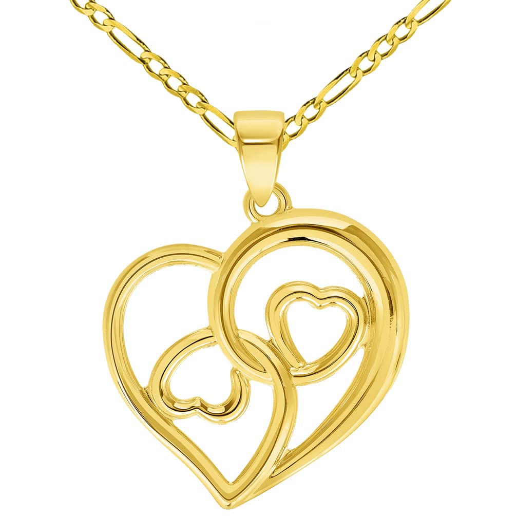 14k Yellow Gold Open Triple Heart Love Symbol Pendant with Cable, Curb, or Figaro Chain Necklaces