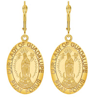 Load image into Gallery viewer, Solid 14k Yellow Gold Our Lady Of Guadalupe Medallion Dangle Drop Earrings with Leverback
