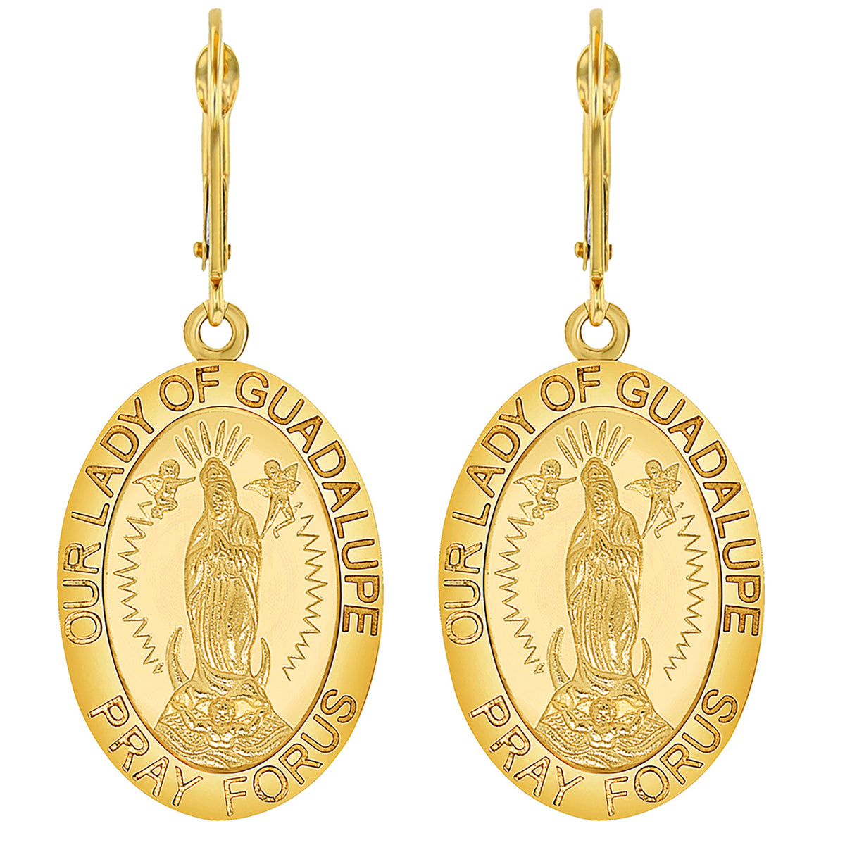 Solid 14k Yellow Gold Our Lady Of Guadalupe Medallion Dangle Drop Earrings with Leverback