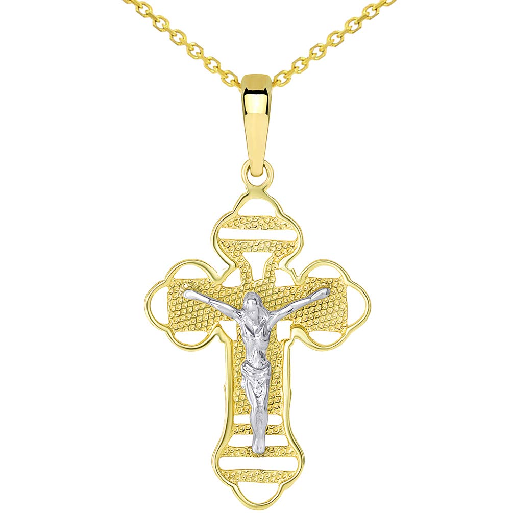 14k Two Tone Gold Outlined Orthodox Cross Jesus Christ Crucifix Pendant Necklace