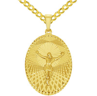Load image into Gallery viewer, 14k Yellow Gold Oval Shape Jesus Crucifix Textured Medallion Pendant with Cuban Curb Chain Necklace - 4 Sizes
