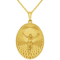 Load image into Gallery viewer, 14k Yellow Gold Oval Shape Jesus Crucifix Textured Medallion Pendant Necklace - 4 Sizes
