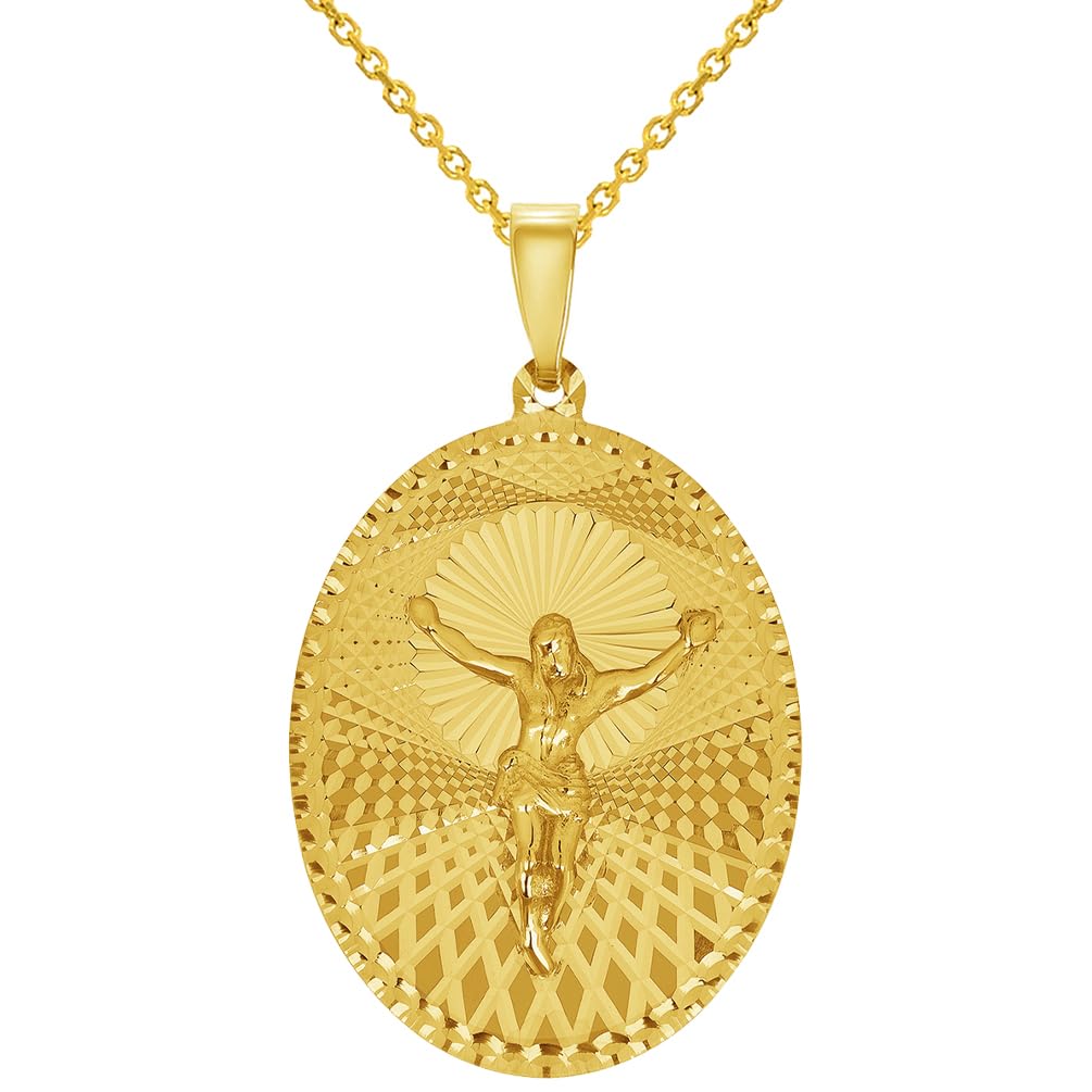 14k Yellow Gold Oval Shape Jesus Crucifix Textured Medallion Pendant Necklace - 4 Sizes