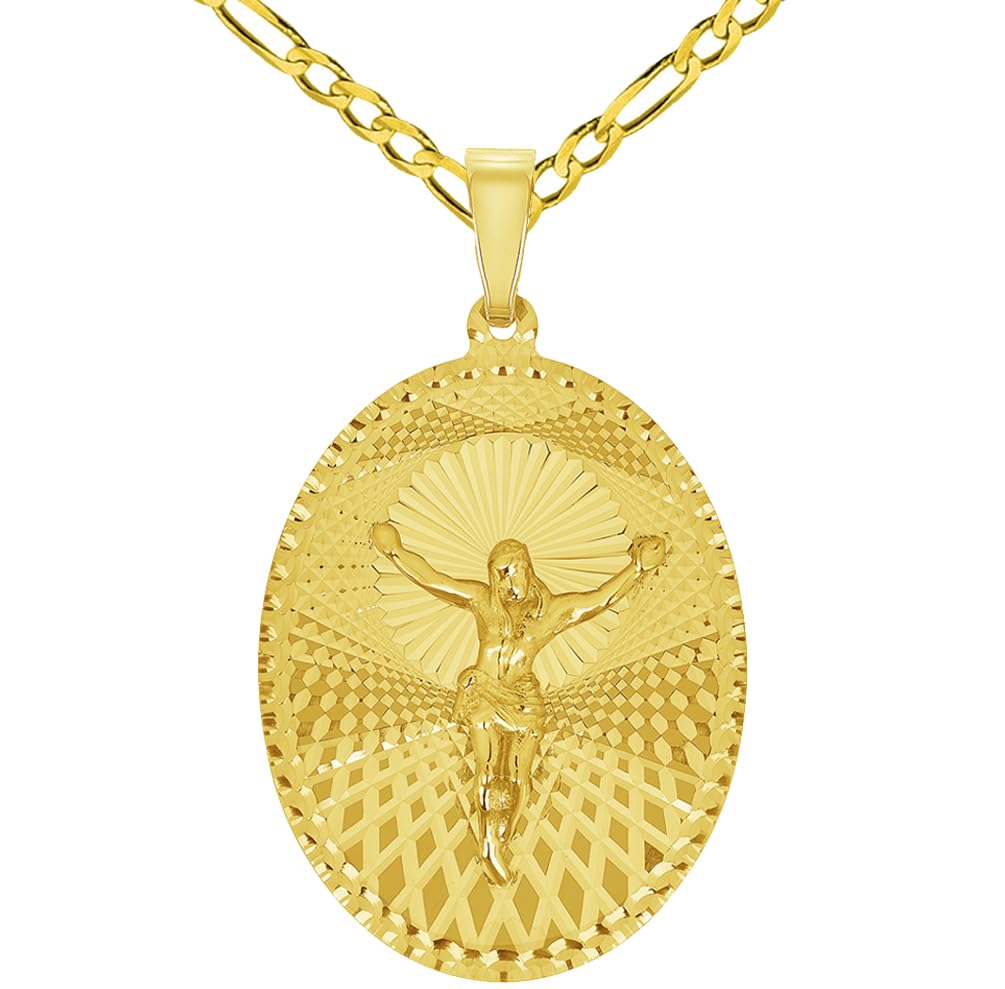 14k Yellow Gold Oval Shape Jesus Crucifix Textured Medallion Pendant with Figaro Chain Necklace - 4 Sizes
