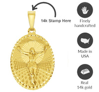 Load image into Gallery viewer, 14k Yellow Gold Oval Shape Jesus Crucifix Textured Medallion Pendant with Cuban Curb Chain Necklace - 4 Sizes

