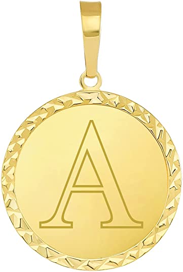 14k Yellow Gold Personalized Round Block Letter Initial Disc Pendant - A to Z (Small)