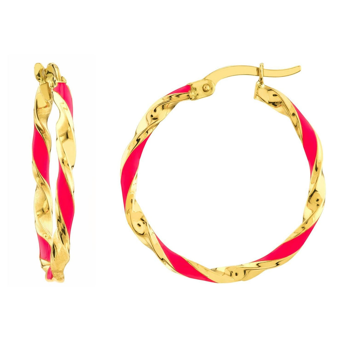 14k Yellow Gold Pink Striped Twist Hoop Earrings with Latch Back, 1 Inch