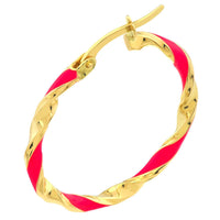 Load image into Gallery viewer, 14k Yellow Gold Pink Striped Twist Hoop Earrings with Latch Back, 1 Inch
