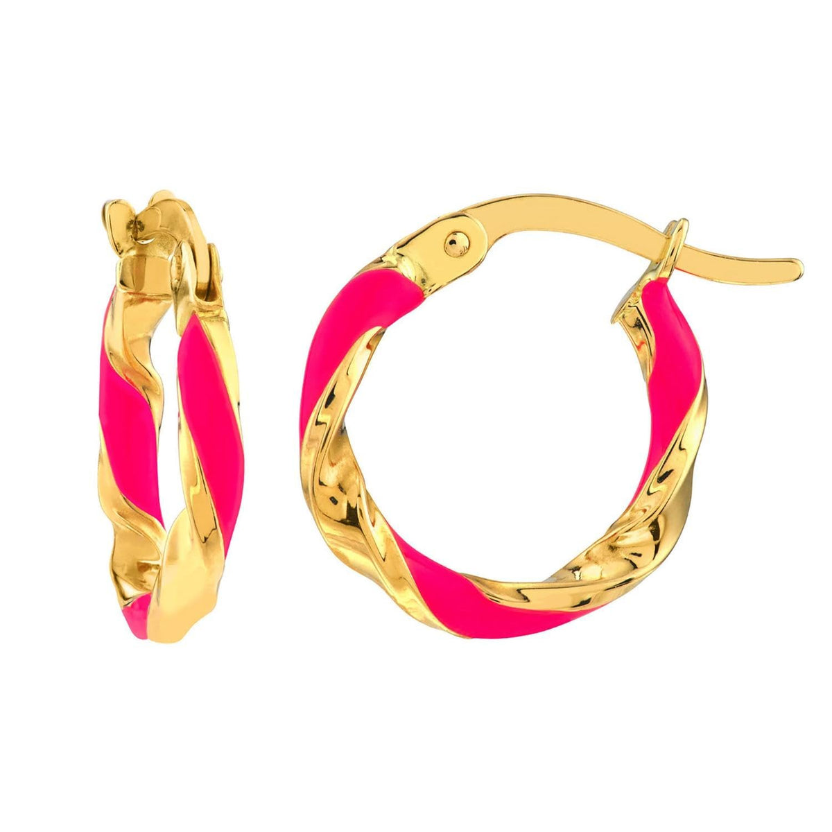 14k Yellow Gold Pink Striped Twisted Hoop Earrings with Latch Back