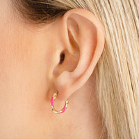 Load image into Gallery viewer, 14k Yellow Gold Pink Striped Twisted Hoop Earrings with Latch Back
