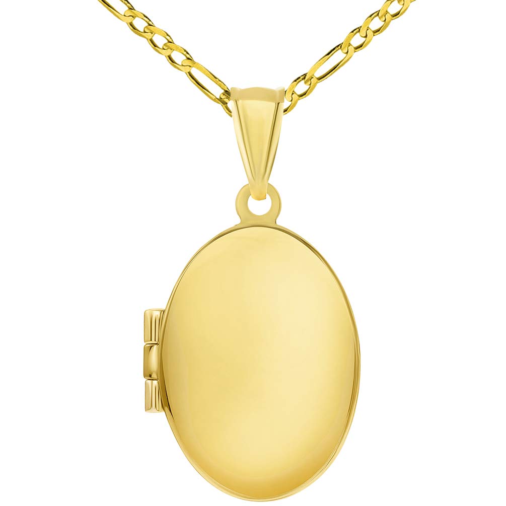 14k Yellow Gold Plain and Simple Oval Locket Pendant with Figaro Chain Necklace