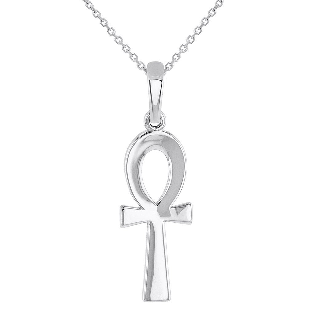 Solid 14k White Gold Polished Egyptian Ankh Cross Charm Pendant with Chain Necklace