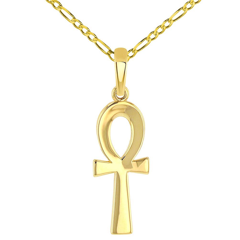Solid 14k Yellow Gold Polished Egyptian Ankh Cross Charm Pendant with Figaro Chain Necklace