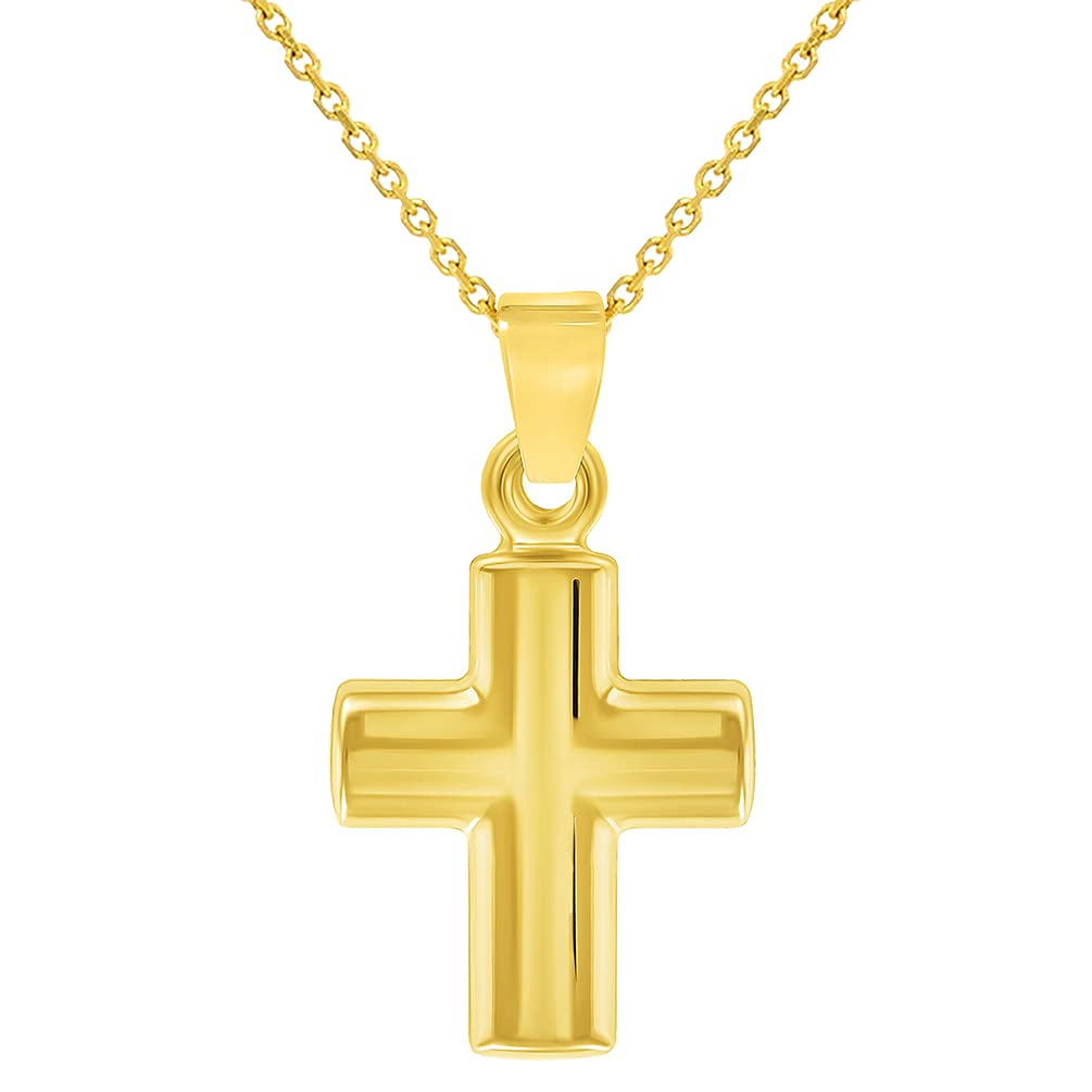 14k Yellow Gold Polished Simple Mini Religious Cross Charm Pendant With Cable, Curb or Figaro Chain Necklace