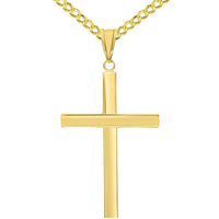 Load image into Gallery viewer, 14k Yellow Gold Polished Simple Religious Cross Pendant with Cuban Chain Necklace
