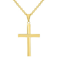 Load image into Gallery viewer, 14k Yellow Gold Polished Simple Religious Cross Pendant With Cable, Curb or Figaro Chain Necklace
