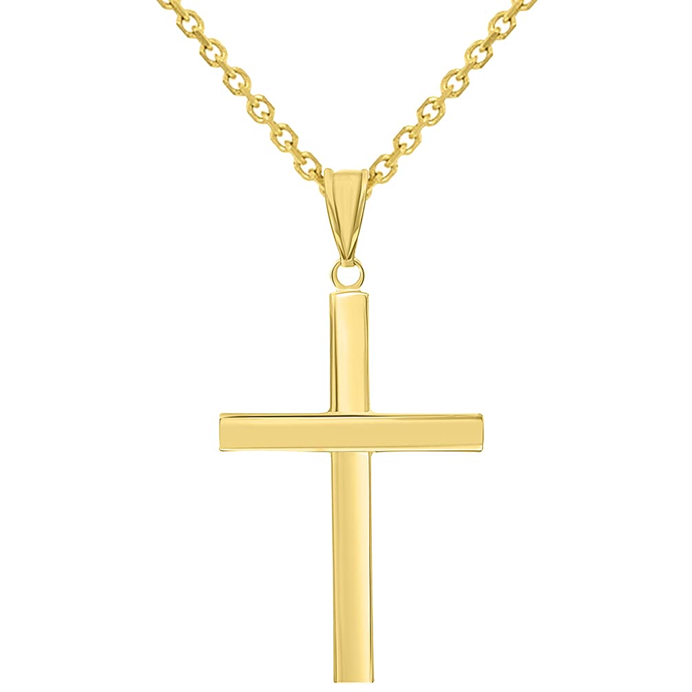 14k Yellow Gold Polished Simple Religious Cross Pendant With Cable, Curb or Figaro Chain Necklace