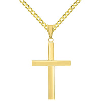 Load image into Gallery viewer, 14k Yellow Gold Polished Simple Religious Cross Pendant With Cable, Curb or Figaro Chain Necklace
