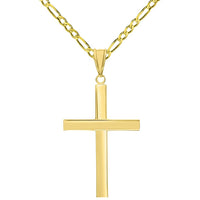 Load image into Gallery viewer, 14k Yellow Gold Polished Simple Religious Cross Pendant With Cable, Curb or Figaro Chain Necklace

