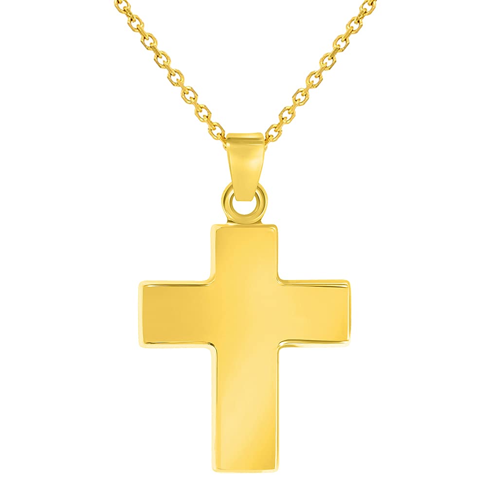 14k Yellow Gold Polished Simple Small Religious Cross Charm Pendant With Cable, Curb or Figaro Chain Necklace