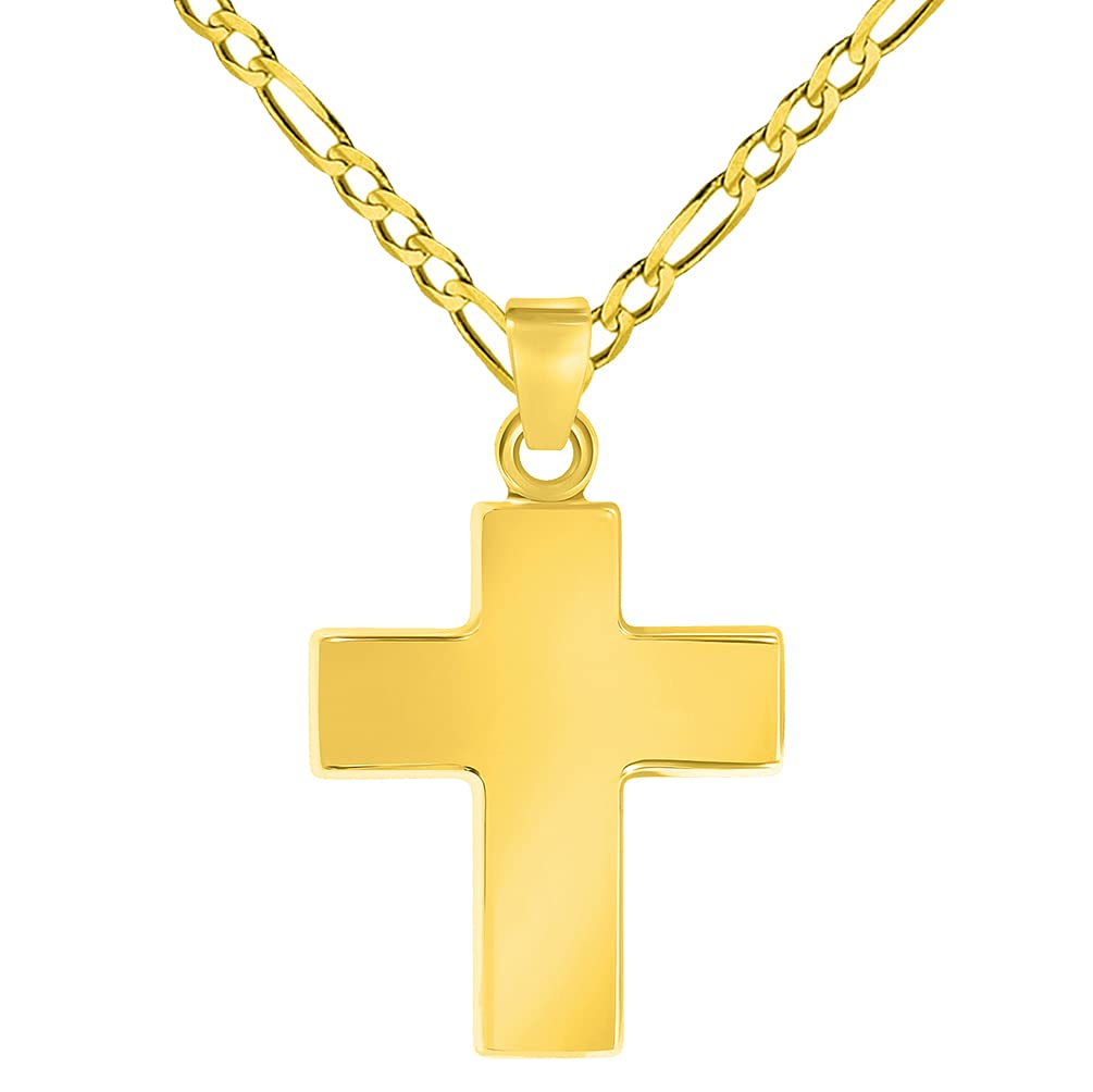 14k Yellow Gold Polished Simple Small Religious Cross Charm Pendant with Figaro Chain Necklace