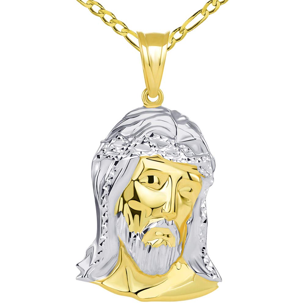 14k Gold Polished Two Tone Hollow Jesus Head Pendant with Figaro Chain Necklace - Yellow Gold