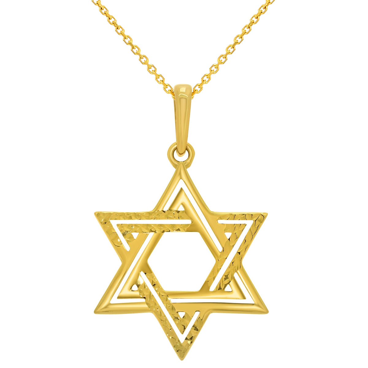 14k Yellow Gold Polished and Textured Star of David Pendant Necklace