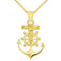 Load image into Gallery viewer, Solid 14k Yellow Gold Religious Anchor Cross Charm Mariners Crucifix Pendant Rolo Cable Chain Necklace
