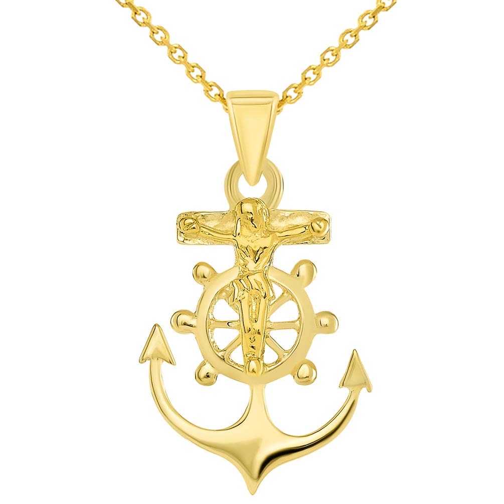 Solid 14k Yellow Gold Religious Anchor Cross Charm Mariners Crucifix Pendant Rolo Cable Chain Necklace