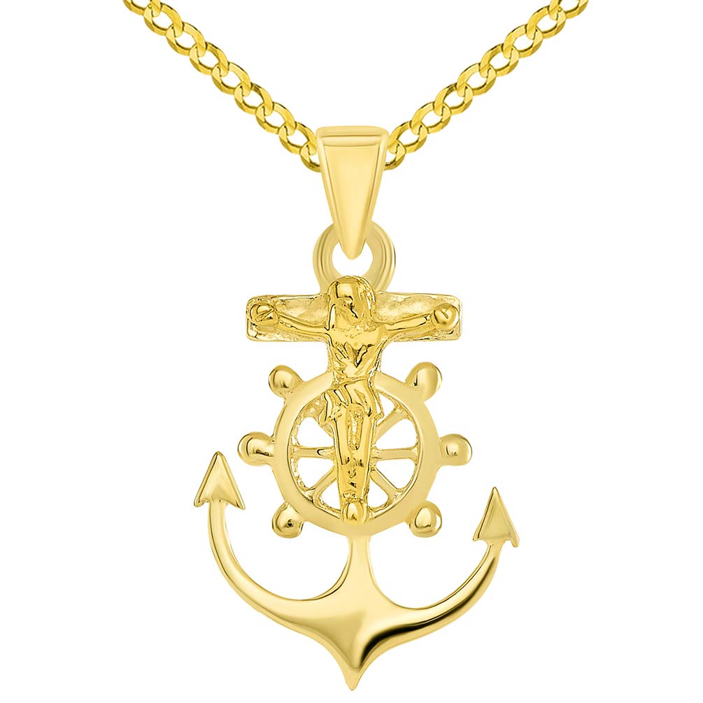 Solid 14k Yellow Gold Religious Anchor Cross Charm Mariners Crucifix Pendant with Curb Chain Necklace