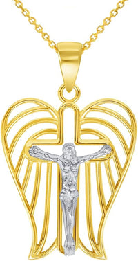 Load image into Gallery viewer, 14k Two-Tone Gold Religious Angel Wing Cross Crucifix Pendant with Cable, Cuban Curb, or Figaro Chain Necklaces
