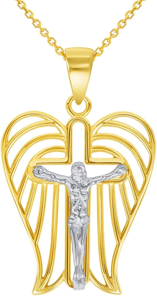 14k Two-Tone Gold Religious Angel Wing Cross Crucifix Pendant with Cable, Cuban Curb, or Figaro Chain Necklaces