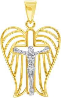 Load image into Gallery viewer, 14k Two-Tone Gold Religious Angel Wing Cross Crucifix Pendant with Cable, Cuban Curb, or Figaro Chain Necklaces
