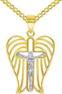 Load image into Gallery viewer, 14k Two-Tone Gold Religious Angel Wing Cross Crucifix Pendant with Cable, Cuban Curb, or Figaro Chain Necklaces
