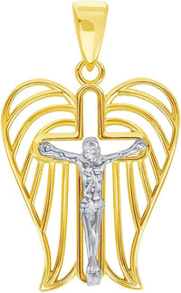 Load image into Gallery viewer, 14k Two-Tone Gold Religious Angel Wing Cross Crucifix Pendant with Cable, Cuban Curb, or Figaro Chain Necklaces
