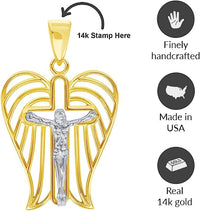 Load image into Gallery viewer, 14k Two-Tone Gold Religious Angel Wing Cross Crucifix Pendant with Cable, Cuban Curb, or Figaro Chain Necklaces
