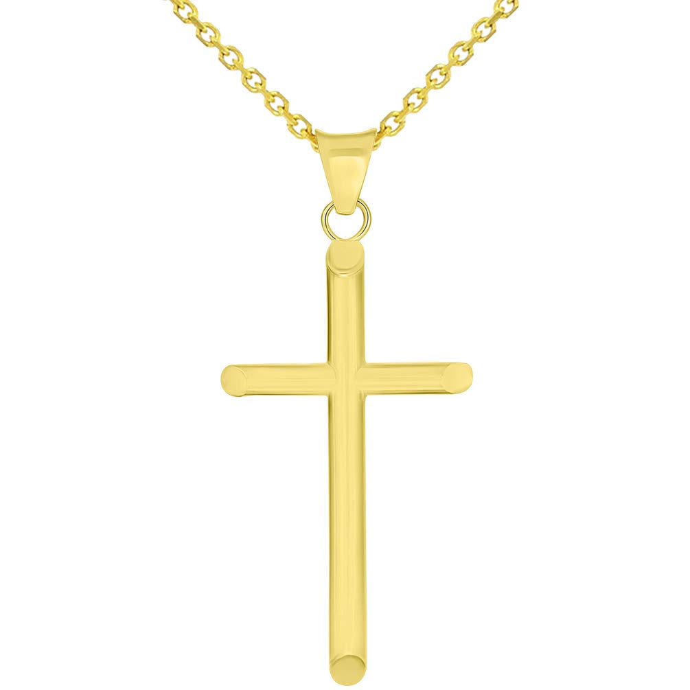 14k Yellow Gold Religious Classic Plain Cross Pendant Necklace Available with Rolo, Curb, or Figaro Chain Necklaces
