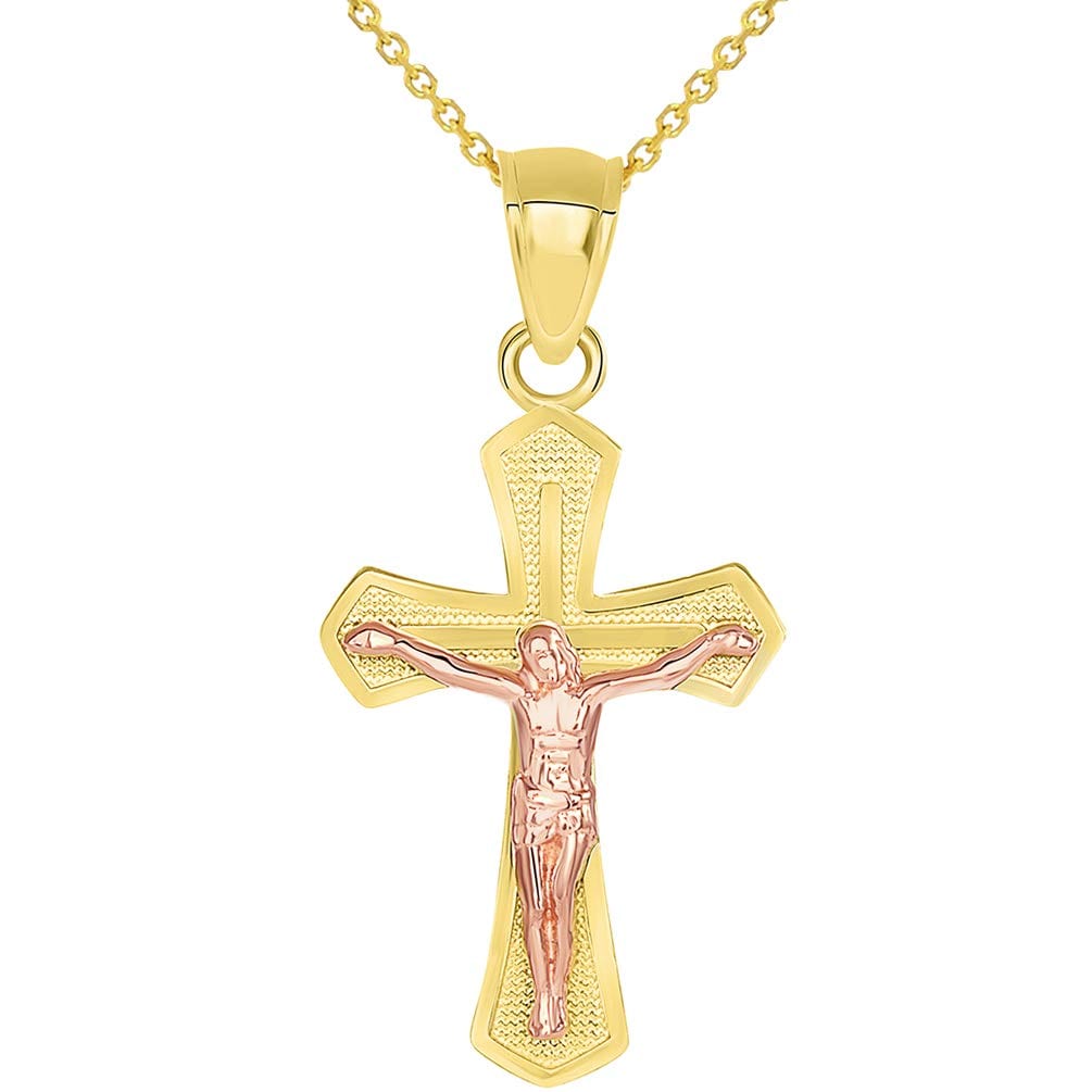 14k Yellow Gold and Rose Gold Religious Cross Jesus Christ Crucifix Pendant Necklace