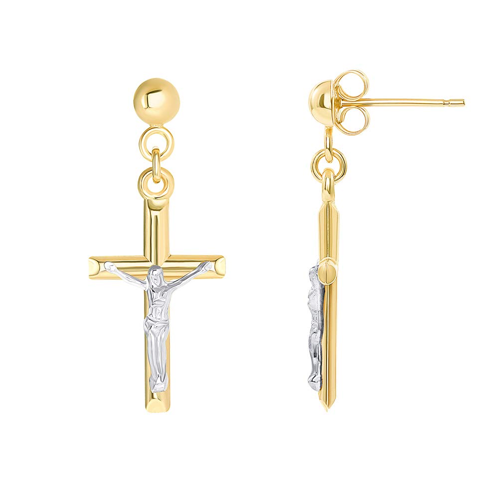 14k Yellow Gold Religious Crucifix Two-Tone Cross Dangle Studs Earrings with Friction Back