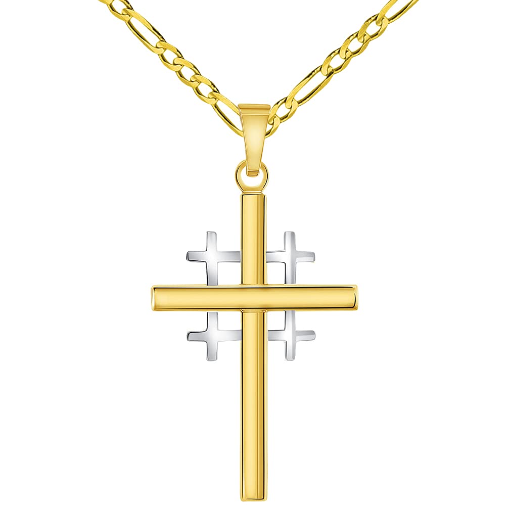 14k Two-Tone Gold Religious Crusaders Jerusalem Latin Plain Cross Pendant with Figaro Chain Necklace