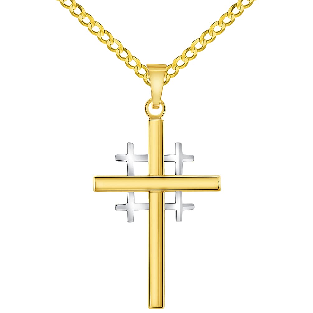 14k Two-Tone Gold Religious Crusaders Jerusalem Latin Plain Cross Pendant with Cuban Chain Curb Necklace