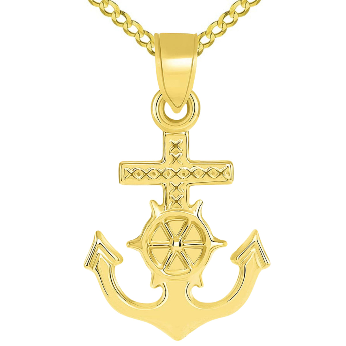 14k Gold Religious Nautical 3D Mariner's Cross Pendant Cuban Necklace - Yellow Gold