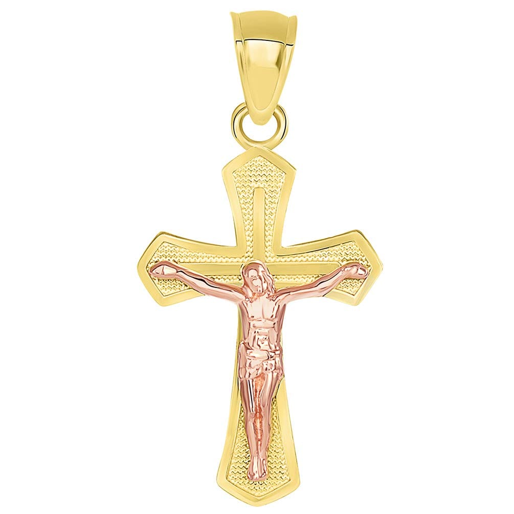 14k Yellow Gold and Rose Gold Religious Pointed Cross Jesus Christ Crucifix Pendant