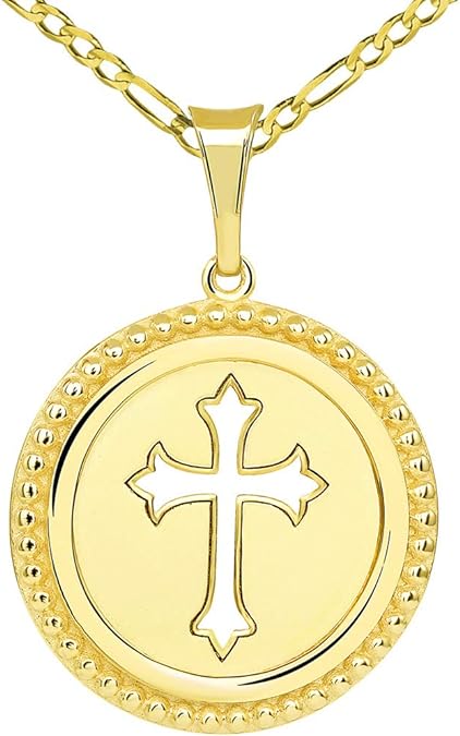 14k Gold Reversible Open Christian Cross Medallion Pendant with Figaro Link Chain Necklace - Yellow Gold