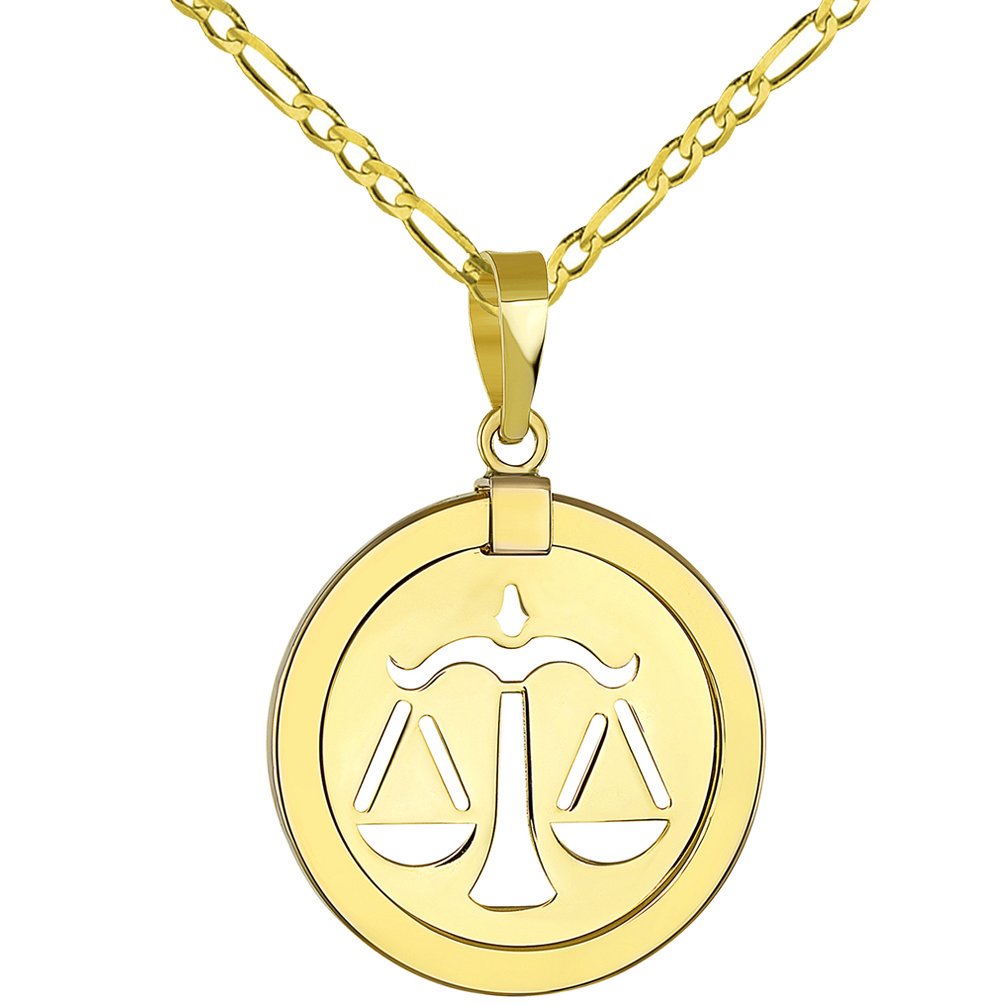 14k Yellow Gold Reversible Round Libra Scale Zodiac Sign Pendant Figaro Chain Necklace